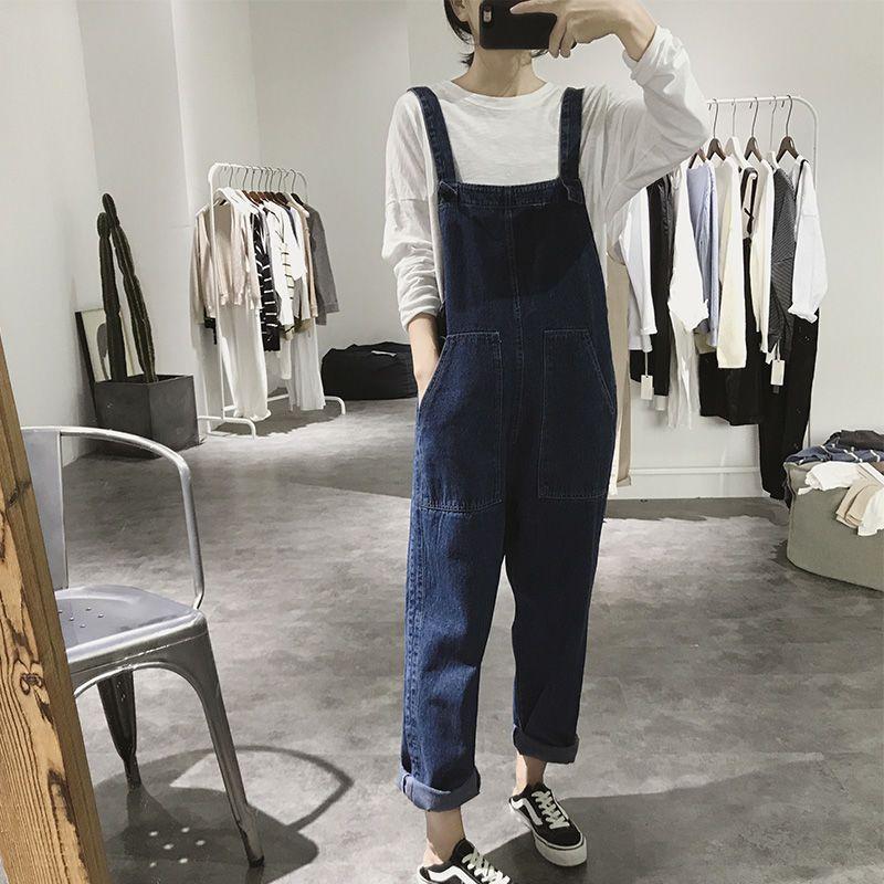 

Cute Little High-waisted Straight-leg Pants, Soft Denim Overalls, Women s Spring and Autumn Loose XS синий