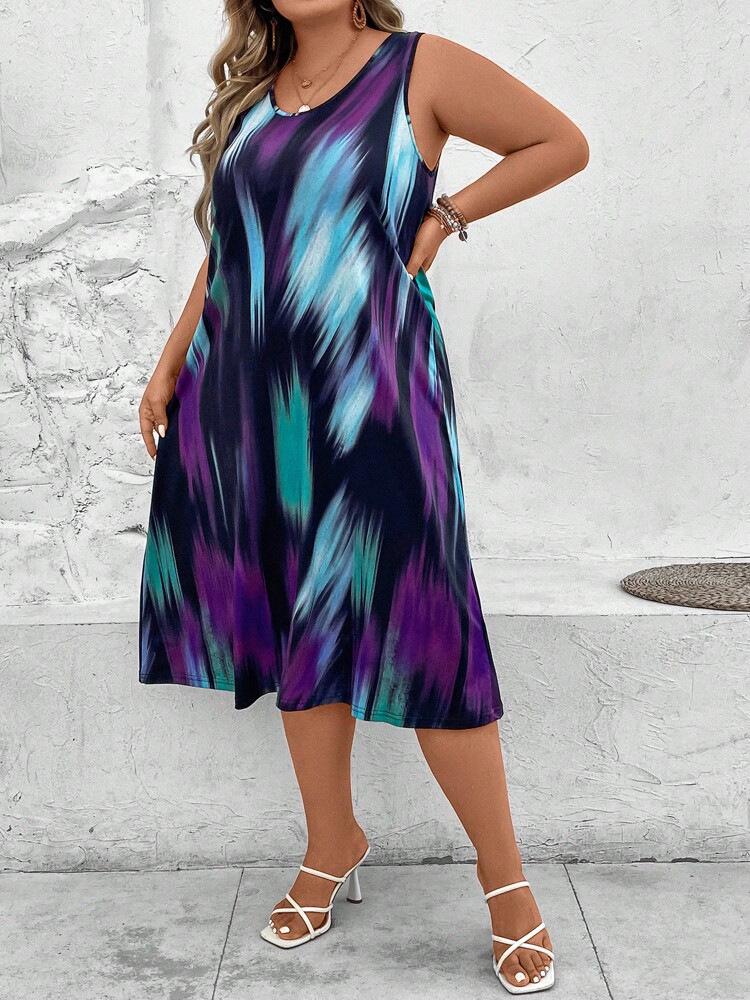 

Трендовое женское платье больших размеров с принтом на весну-лето 2024 3XL фиолетовый