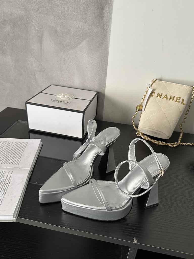 fashion Pointed Toe Women Sandals Platform Sandals Black White Silver Ankle Strap Thick High Heels Summer Slides Shoes Woman 35-39