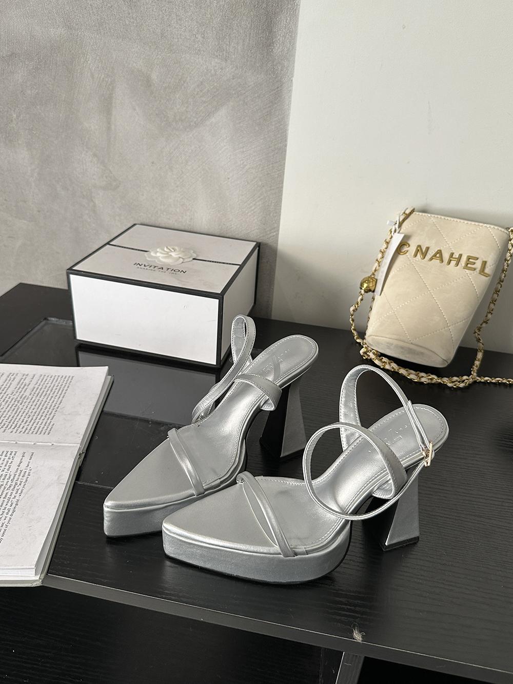 

fashion Pointed Toe Women Sandals Platform Sandals Black White Silver Ankle Strap Thick High Heels Summer Slides Shoes Woman 35-39 7.5 серебряный