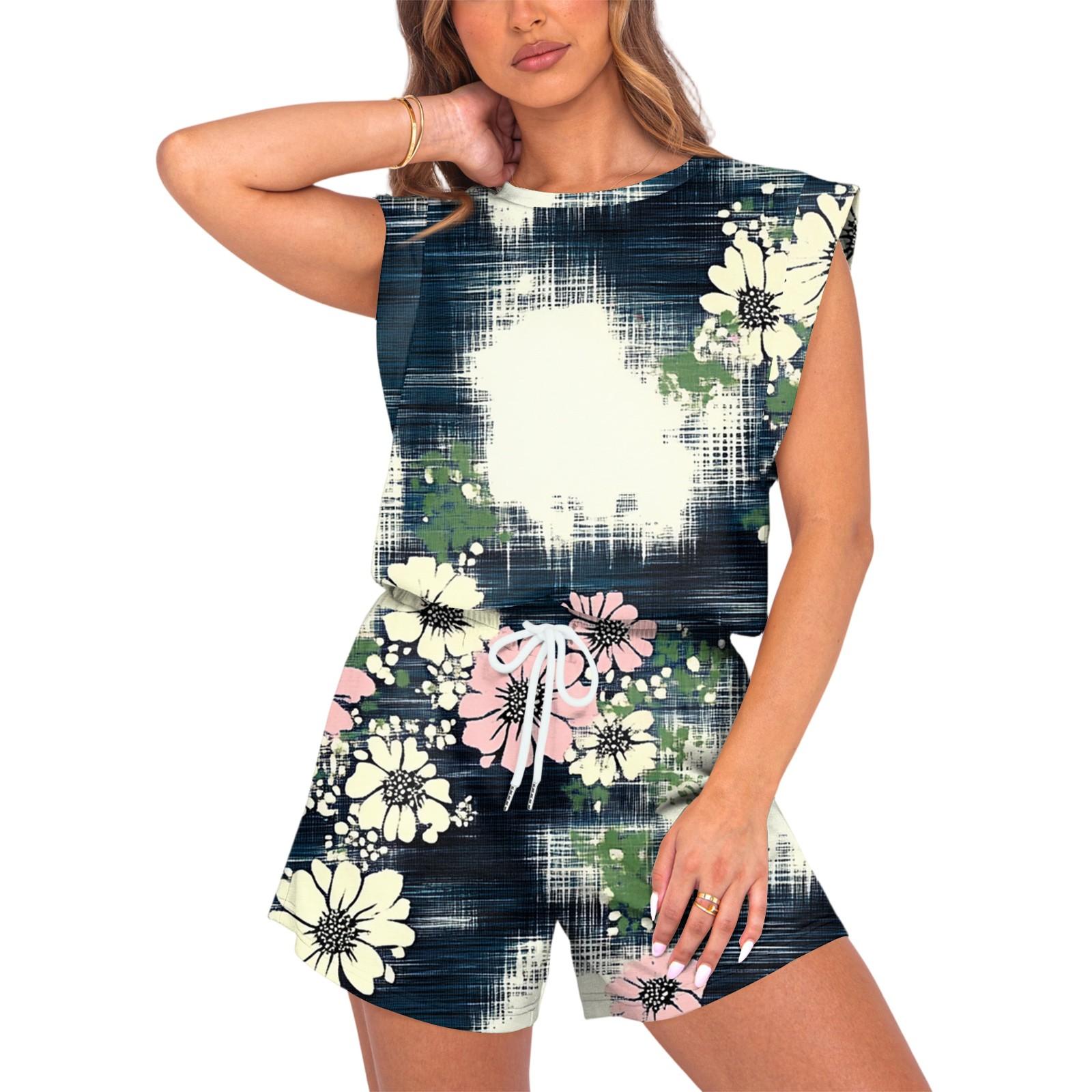 

Women s Jumpsuit Floral Print Spring Summer Cap Sleeves Adjustable Drawstring Waist Comfortable Casual Short Jumpsuit With Pockets S Темно-синій