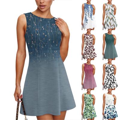 Women's Summer Dress Casual Sleeveless Round Neck Classical Leaf Print Vest Sundress