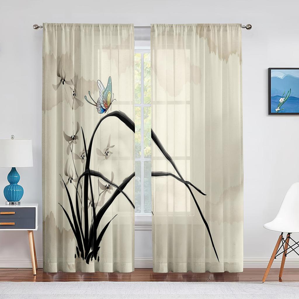 Birds On Branch Cherry Blossom Ink Painting Tulle Voile Curtains for Bedroom Window Curtain for Living Room Sheer Curtain Drapes