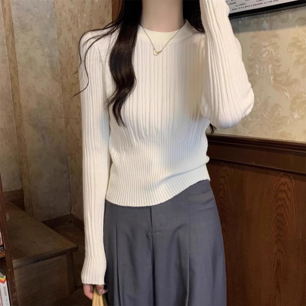 Round Neck Sweaters Knitted Sweater for Women Autumn Winter Basic Pullovers Slim Fit Waist Cinching Short Pullover