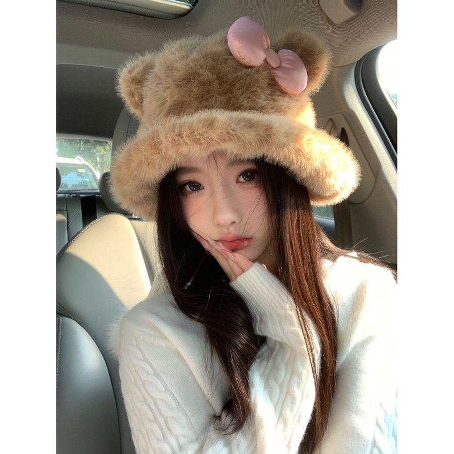 Leopard Print Bow KT Cat Plush Fisherman Hat for Women, Cute, Face-Slimming, Warm and Cold-Resistant Bucket Hat for Autumn and Winter