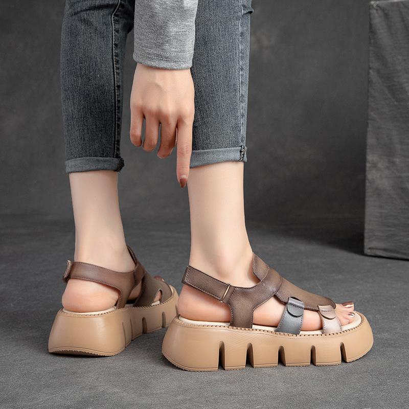 Fashion GKTINOO 2025 Handmade Genuine Leather Sandals Women Thick Soled Hook & Loop Wedges Platform Casual Sandals Summer Shoes