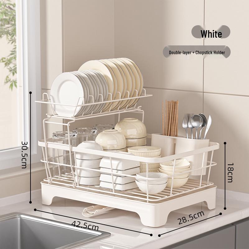 25th Anniversary Double-Layer Bowl & Plate Drying Rack with Draining Tray and Carbon Steel Varnish