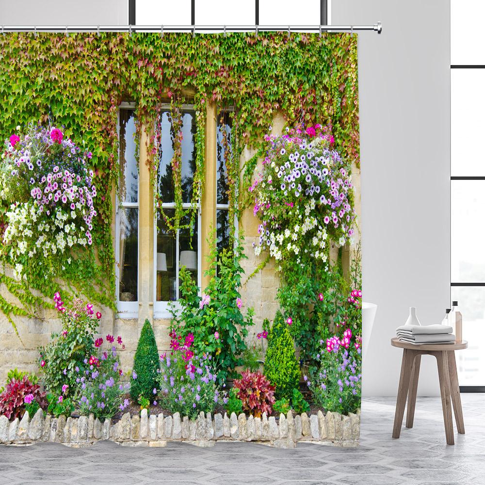 Rustic Fence Flowers Shower Curtains Pink Rose Floral Plant Garden Scenery Wall Hanging Fabric Bathroom Curtain Decor With Hooks