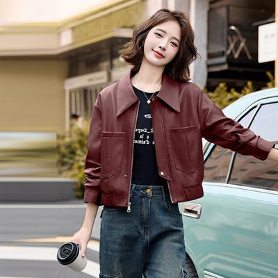 Veste en cuir kaki pour femme, nouvelle veste courte de moto pour le printemps et l'automne, haut
