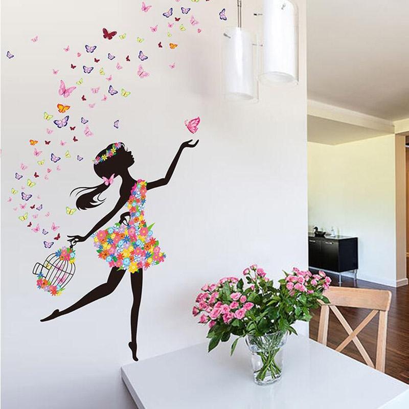 Adorable Pvc Girl Art Wall Stickers For Kids Rooms With Butterfly And Flower Patterns