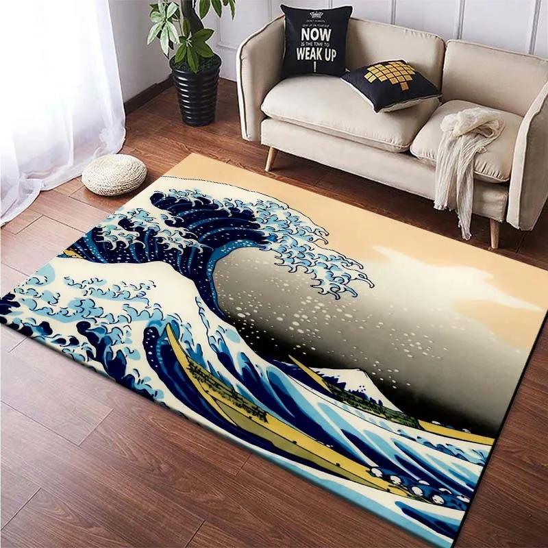 Japanische Wellenbilder Künstlerische Teppiche für Schlafzimmer Lustige Fußmatten Teppiche für Wohnzimmer Jungen Mädchen Kinderzimmer Heimdeko Teppich