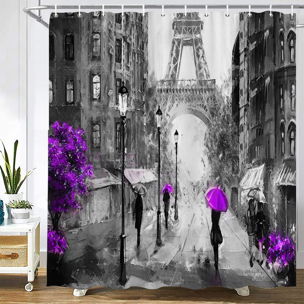 Nordic Style Landscape Paris Tower Fabric Shower Curtain Bathroom Curtains Waterproof Polyester Bath Screen with 12 Hooks