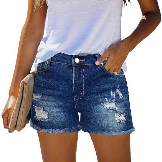 Damen zerrissene Jeansshorts hohe Taille ausgefranster roher Saum Stretch distressed Jean Shorts Sommer lässige Unterteile