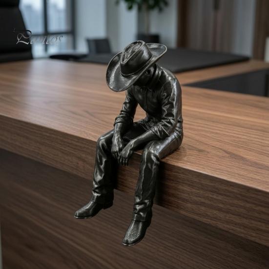 Retro Stijl Bureaubeeldje Westerse Cowboy Bureau Decoratie, 3D Geprint Randhangend met Zwaaiende Benen, Creatieve Verhalende Decoratie Mat Zwart