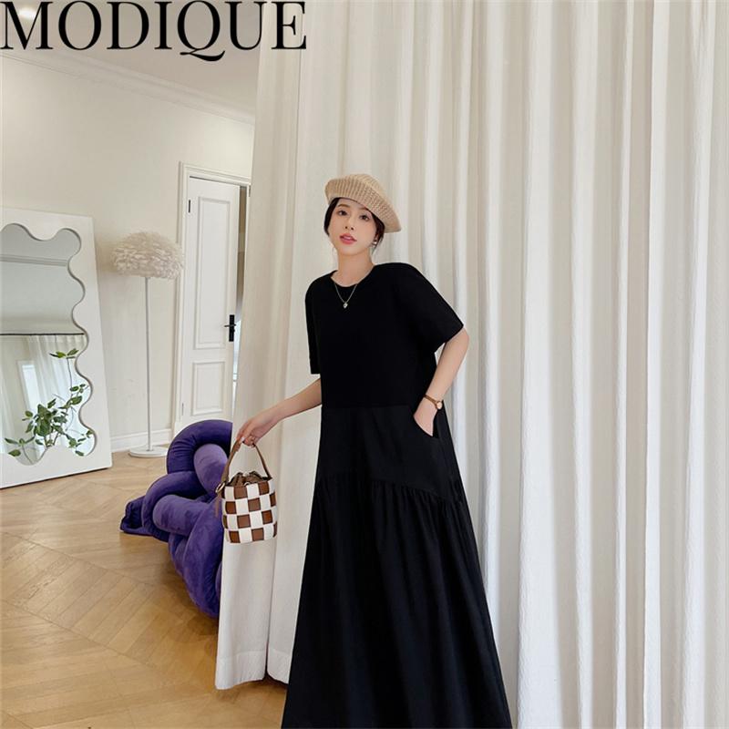 MODIQUE Summer Plus Size New Dress Shirt Women Loose Patchwork Cotton Linen Basics Folds A-Line Dress Solid Casual Female Dresses O-Neck