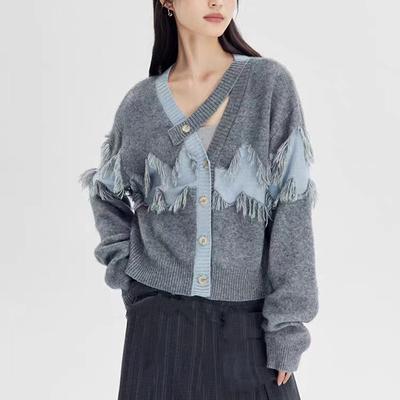 New Diagonal Buckle with Fringed Design Sweater Women's Autumn and Winter Lazy Style Fashion Versatile Knitted Cardigan Top