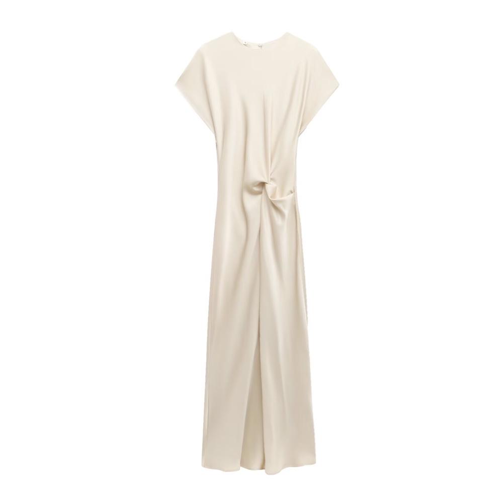 2025 Spring/Summer Women's Silk Satin Pleated Pullover Dress with Round Neck and Short Sleeves