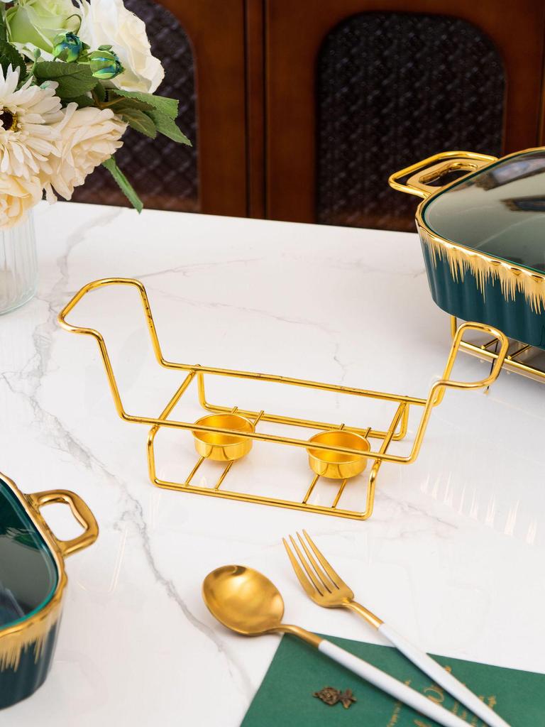 Rectangular Golden Ceramic Baking Casserole Pot with Stand