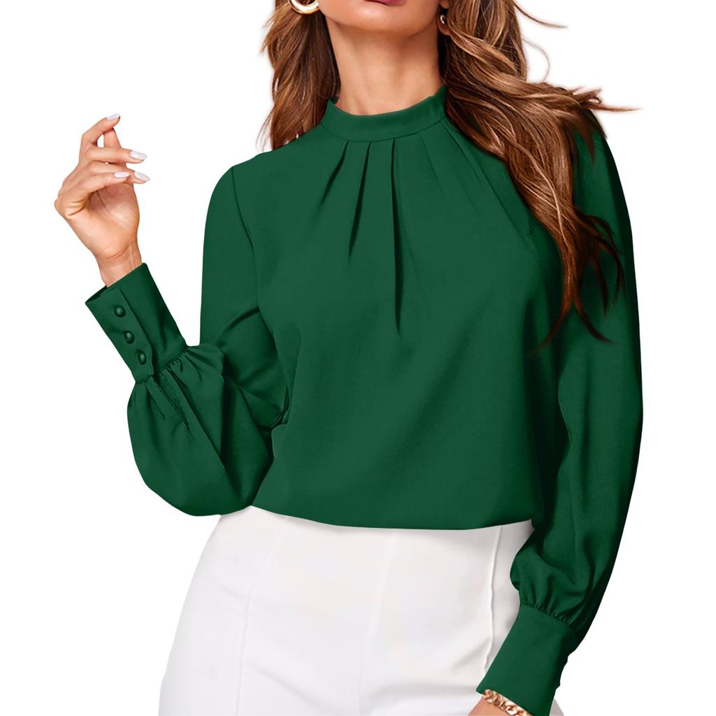 Ladies' Fashionable And Elegant Chest Pleated Stand Collar Long Sleeved Solid Color Top