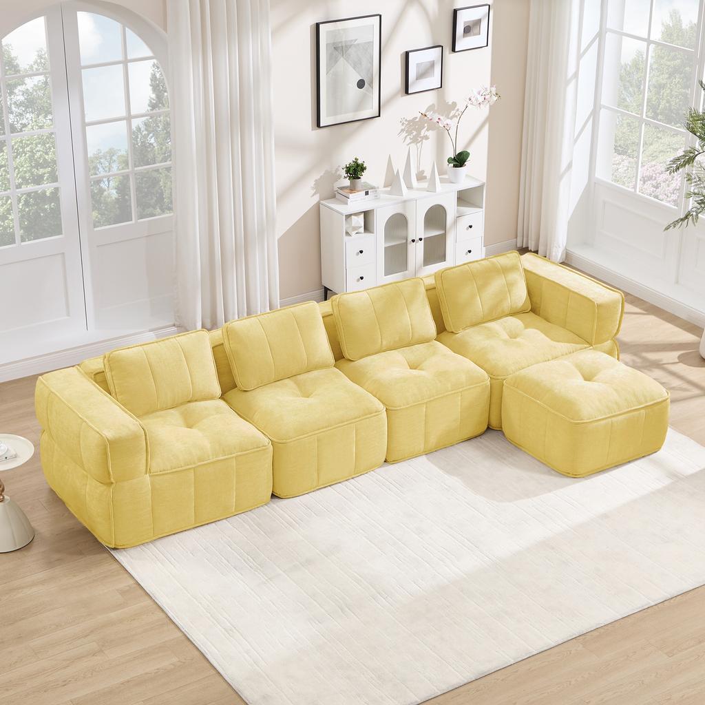 4-Seater L-Shaped Frameless Modular Sofa with One Stool, Filled 32D High-Density Foam, Deep Seat Cushion, Soft Fabric, Ideal for Living Room, Yellow.
