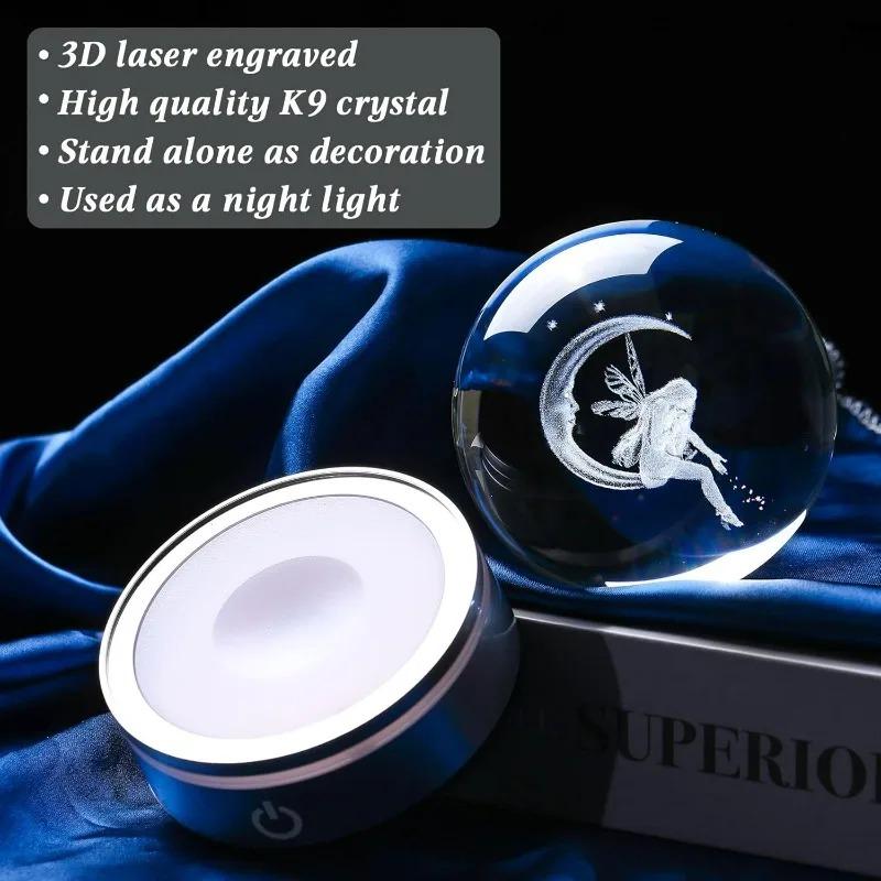 3D-Lasergravierte Mondfee-Figur Kristallkugel mit Buntlicht-Basis Weihnachtsbaumschmuck Geburtstagsgeschenk Dekokugel