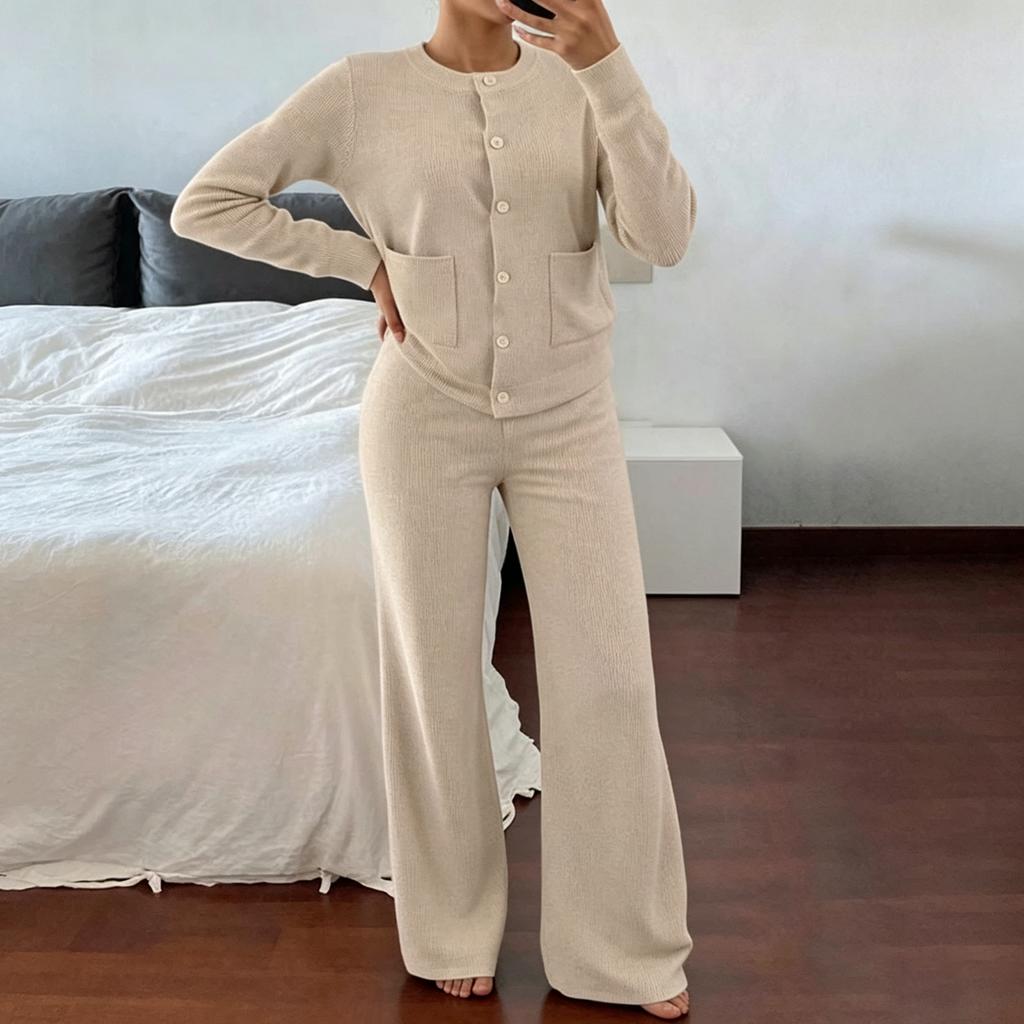 Women's Casual Two-Piece Outfit Set with Round Neck Button Long Sleeve Top and High Waist Ribbed Knit Pants
