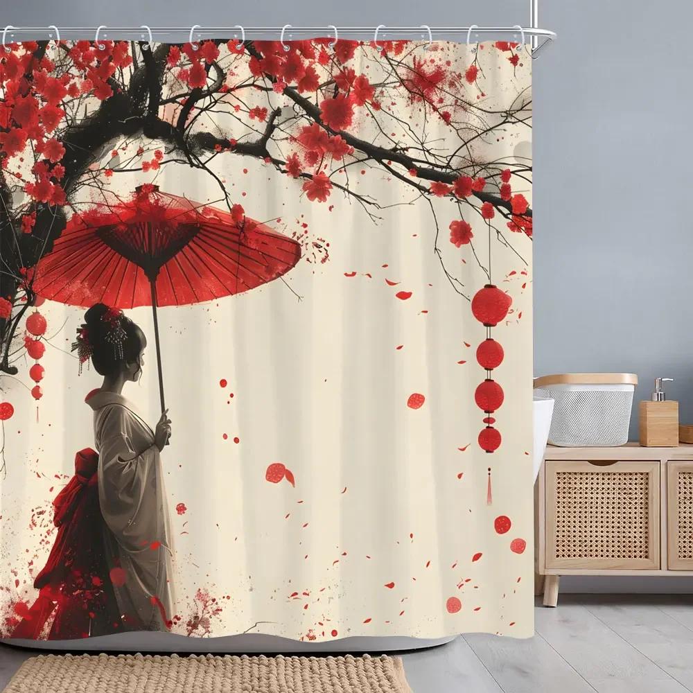 Japanese Red Cherry Blossom Seascape Shower Curtain Chinese Landscape Ink Painting Printed Fabric Shower Curtains Bathroom .