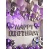 Purple and black birthday balloons, Happy Birthday party decorations, metallic silver latex balloons, heart-shaped balloons
