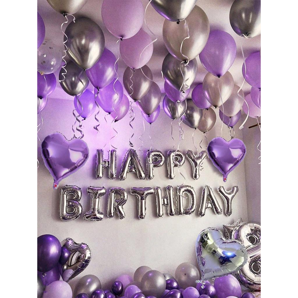 Purple and black birthday balloons, Happy Birthday party decorations, metallic silver latex balloons, heart-shaped balloons