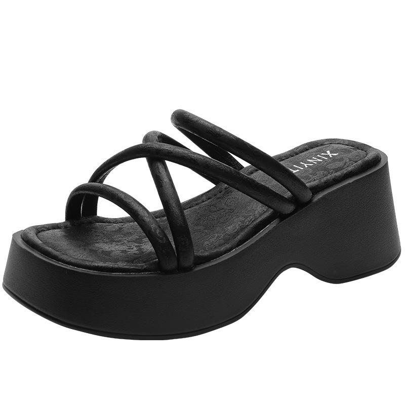 thick-soled muffin shoes Roman fairy style sandals women's summer new heightened slope heel square head cross with cool slippers