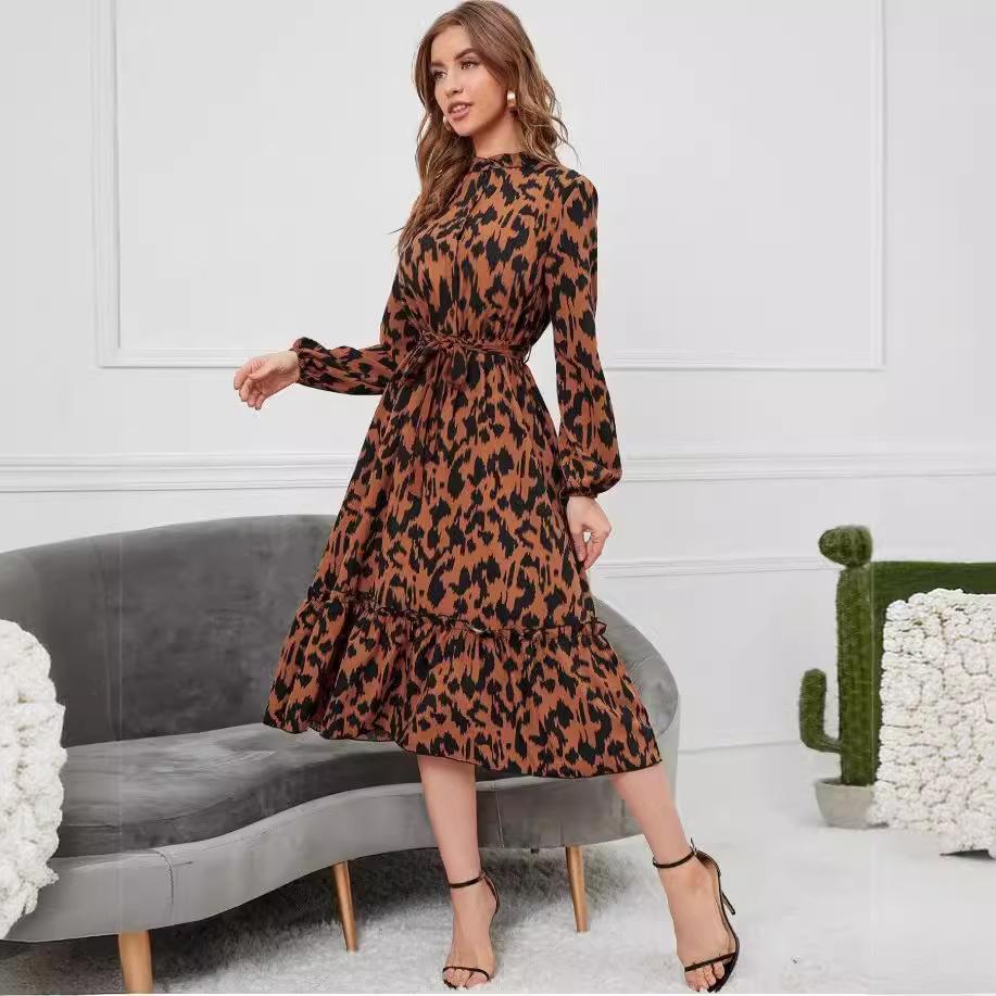 Dress Women's New Autumn and Winter Hot Sale Long-sleeved Printed Stand-up Collar Ruffle Edge Skirt Spot