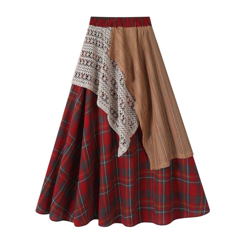

High Waisted Plaid Lace Patchwork Skirt High Waist Plaid Lace Stitching Skirt Red One size