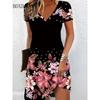 3D Vintage Women Flowers Printed Dresses Summer Plus Size Short Sleeve V-Neck Casual A-Line Knee-length Dress Loose