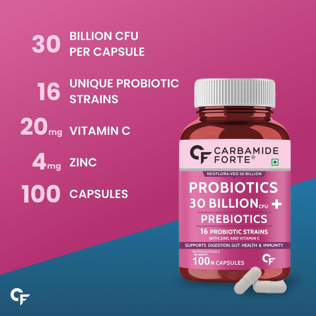 Carbamide Forte 30 Billion Probiotics Supplement with Prebiotics for Gut Health 60 Veg Capsules X Pack of 2