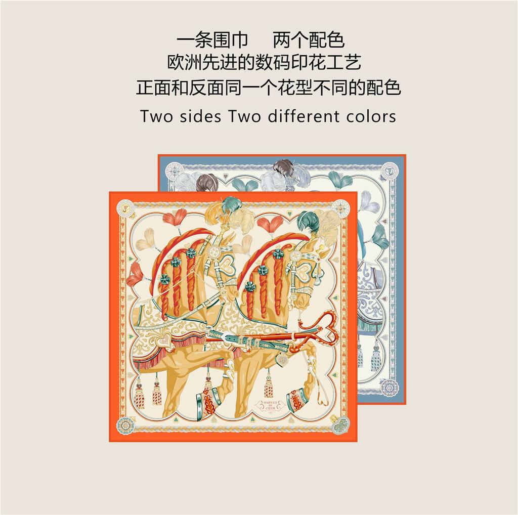 Hand Rolled Twill Silk Scarf Women Two Horse Double Print 90cm Square Scarves Wraps Echarpes Foulards Femme Hijab