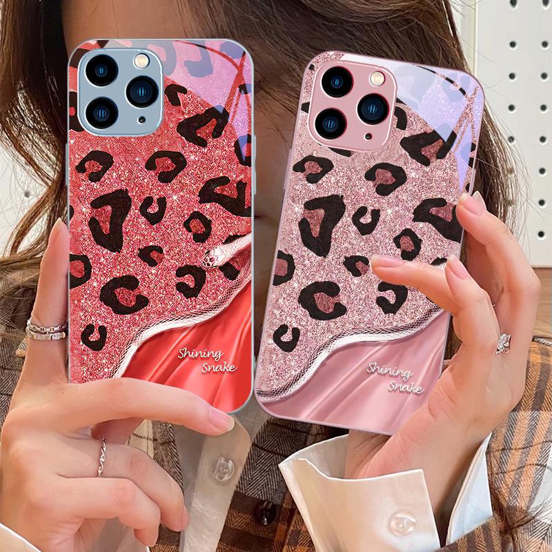 Leopard Sequin Snake For IPhone 16 Pro Max 15 Pro 14 13 12 Mini 11 XS Max XR 7 8 Plu SE 2022 Tempered Glass Phone Case