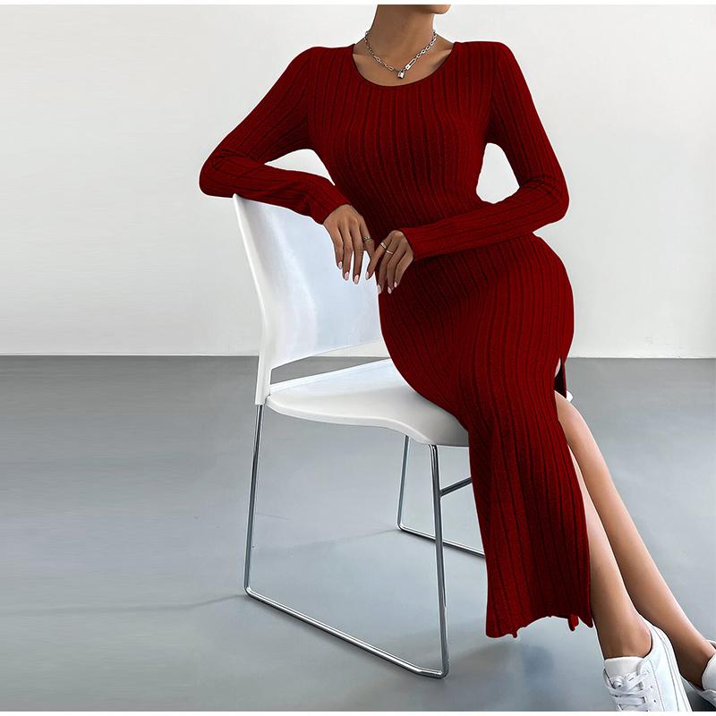 New Women Spring Autumn Casual Dress Solid Color Knitted Dress Sexy Slim Elegant Retro Dresses Long Sleeve Round Neck Side Slit Dress