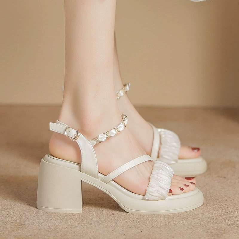 French high heels thick heel 2025 summer new versatile fashion small thick sole word belt sandals women's wear