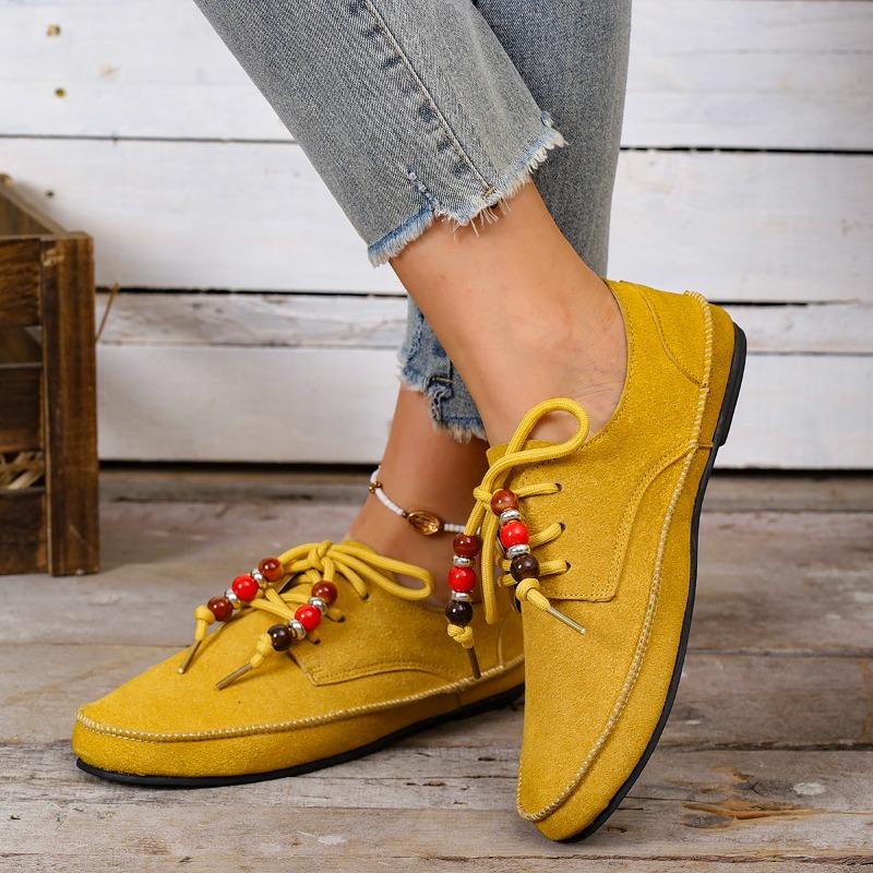 Fashion Women's Single Shoes Round Toe Suede Front Lace-Up Car Stitch Soft Sole Anti-Slip Wear-Resistant Low Heel Shoes