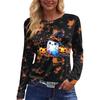 Women's Long Sleeve Round Neck Top with Halloween Print and Side Slit Hem