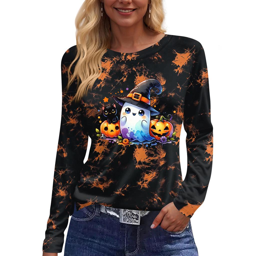 Women's Long Sleeve Round Neck Top with Halloween Print and Side Slit Hem