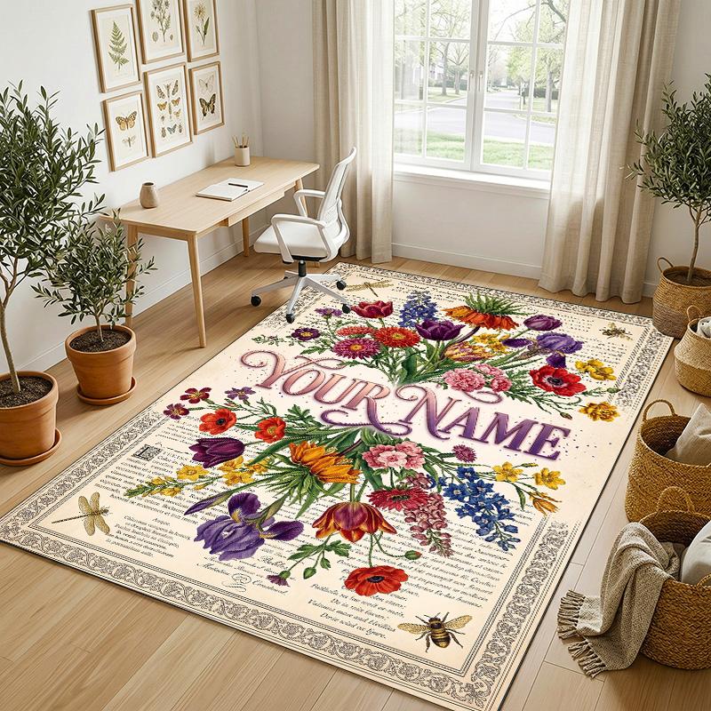 Floral Artwork Theme Soft Crystal Velvet Rug Custom Name & Text Print Non Slip Floor Rug for Bedroom Living Room