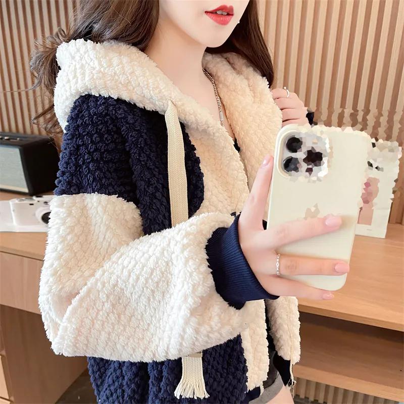 WTEMPO Color Matching Polar Fleece Jacket Women's Hooded Thick Warm Zipper Coats Autumn Winter Women Large Size Plush Jackets