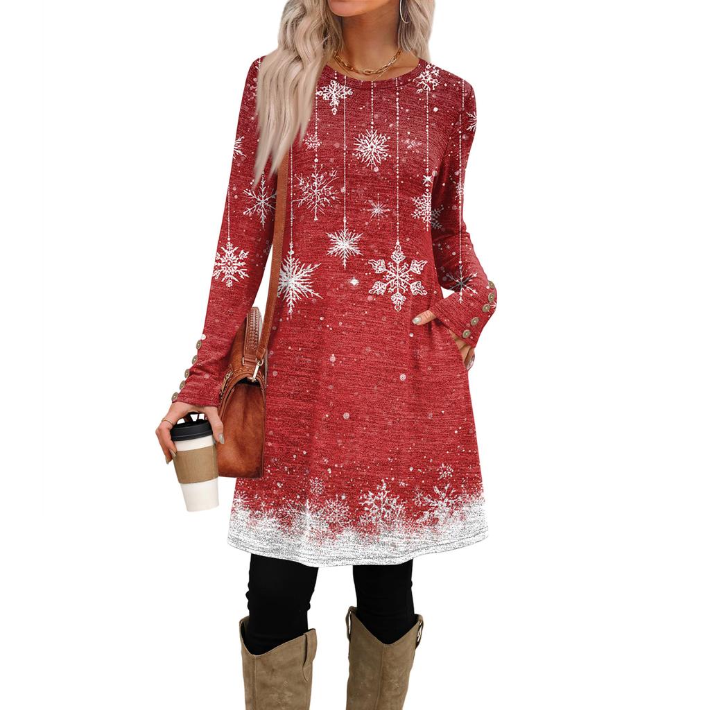 Rochie Casual de Damă la Modă cu Buzunare, Nasturi Decorativi, Imprimeuri de Crăciun, Gât Rotund și Mâneci Lungi