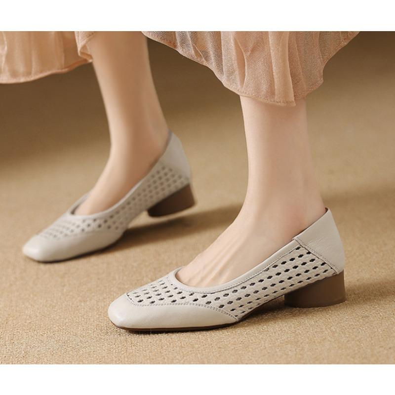 Fashion Design Temperament Hollow High Heel Shoes Women's Summer Leather Square Head Shallow Mouth Shoes Women Zapatos Mujer