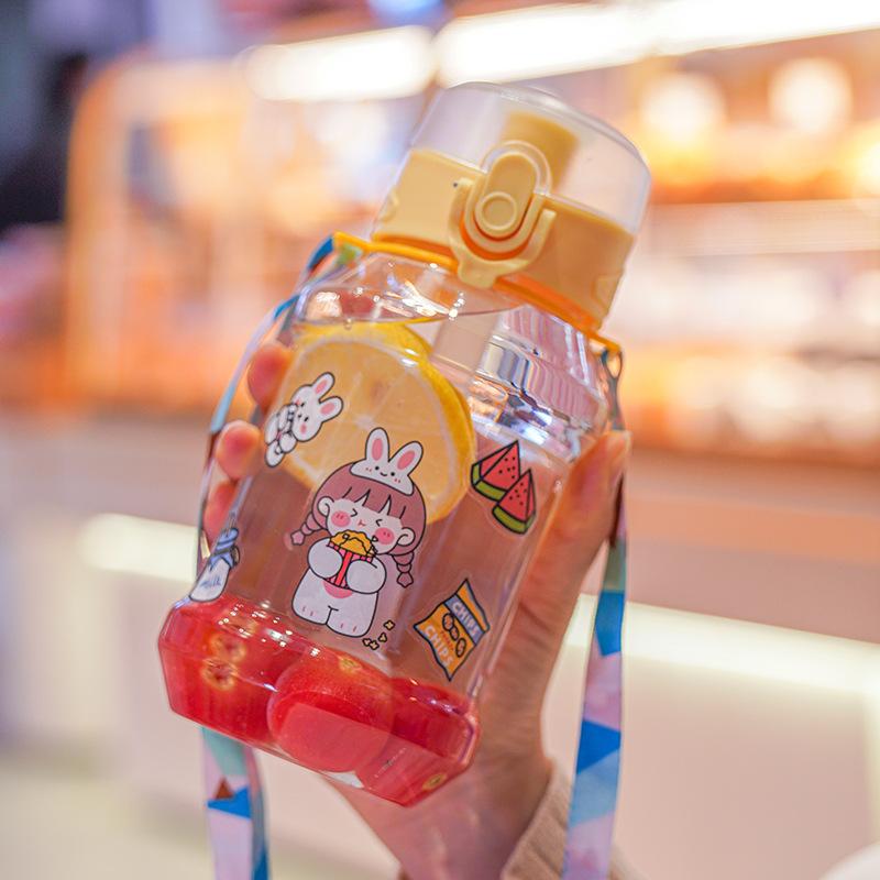 Water bottle New plastic straw cup Children's cartoon one-click elastic cover cup Baby learning drinking cup Outdoor portable strap water cup