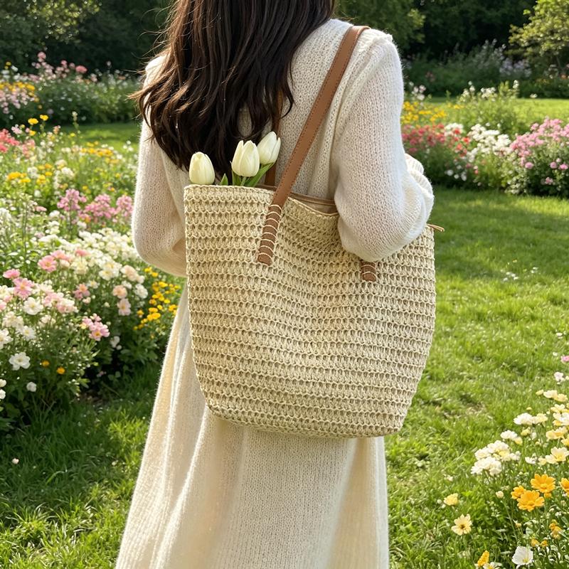 

Bohemian Woven Straw Tote Bags with Leather Handles, Summer Beach Handbag Shoulder Bag for Women, Vacati Casual Daily Outdoor бежевый