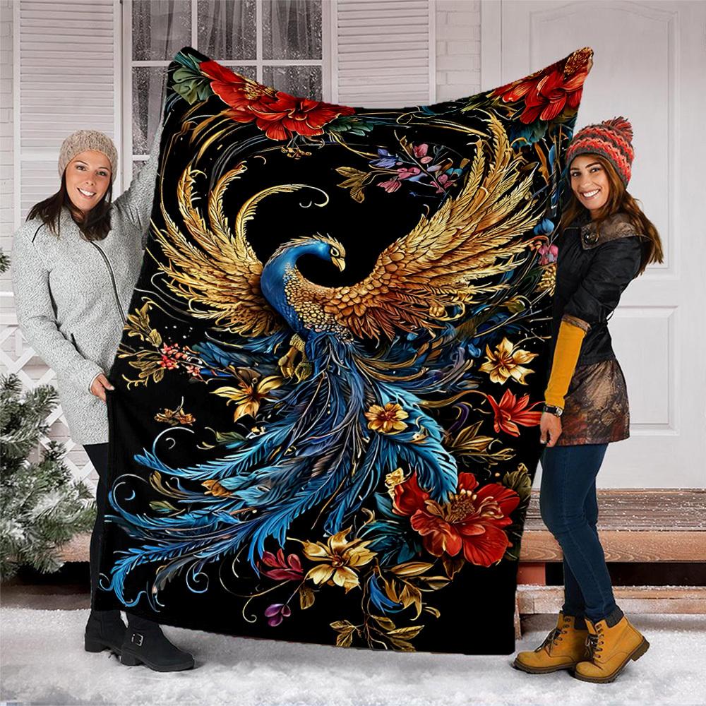 1pc Phoenix Feather Print Outdoor Blanket, Lightweight Polyester,