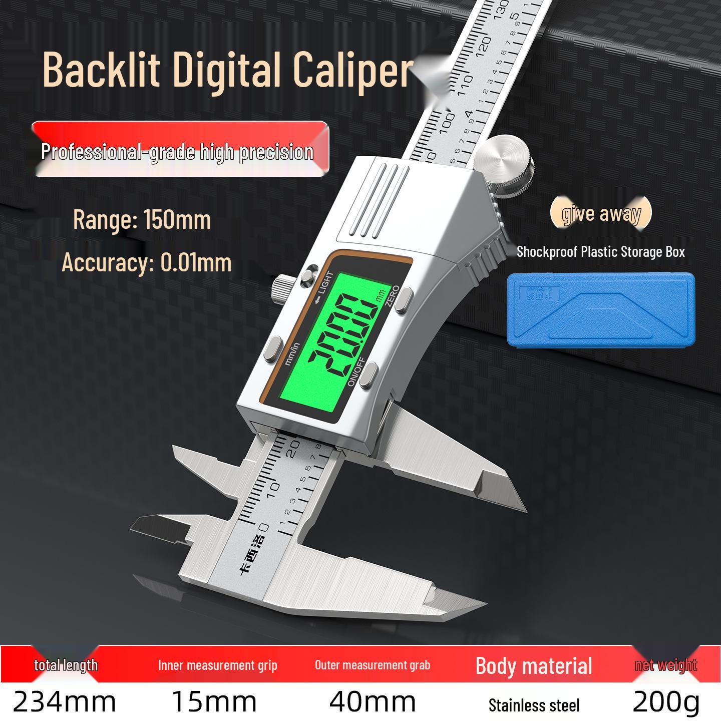 High Precision Stainless Steel Digital Vernier Caliper with Backlight Display