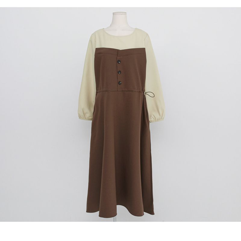 

and Autumn New Women clothes round Neck Long sleeve Color Matching Dress Super Slim fit Adjustable Waist Big Hemline Pocket Fake Two Pieces Long dress Dark brown 4XL